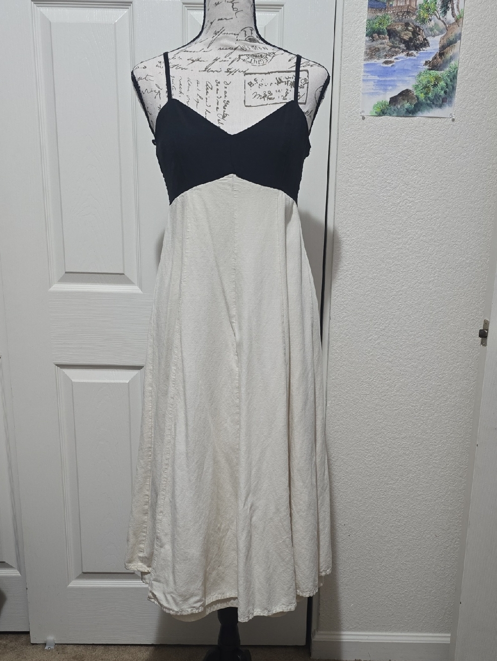 Japna Two-Tone Black and White Midi Linen Empire Waist Dress, Medium, NWOT